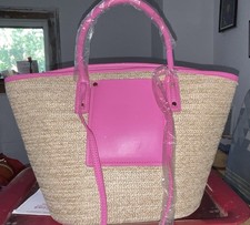 Women s Large Woven Natural/Pink Tote Bag Zip Top Lined Inner Pockets Beach