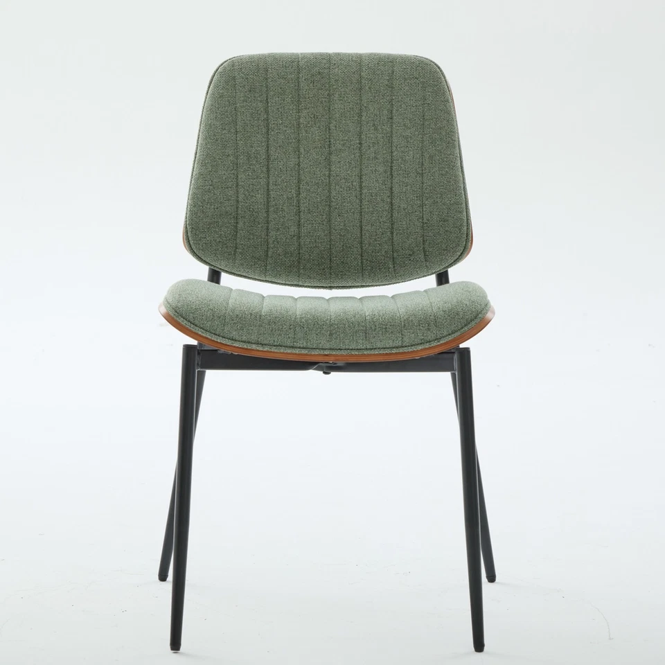 Juego de 2 sillas de comedor de tela de lino con respaldo de madera curvada de nogal asiento tapizado verde Foto 3 de 4