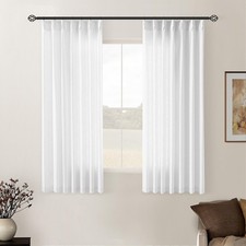 White Short Linen Curtains 45 Inch Length 2 Panel Set for Small Windows Rusti...