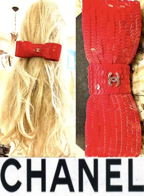 NEW Chanel 2008 Sequin Red Vintage Hair Bow Barrette Clip  display picture 2
