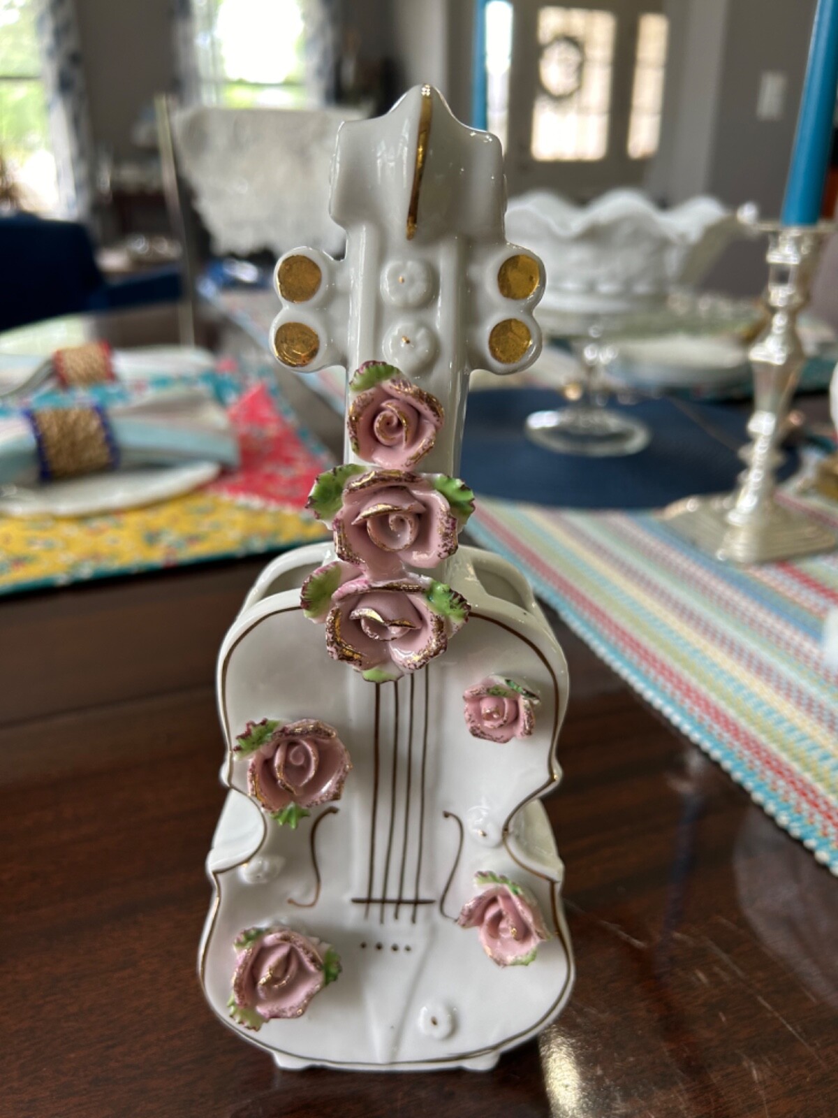 Vintage Porcelain Roses Violin Gold Trinket Dish Vase Occupied Japan Stamped 52