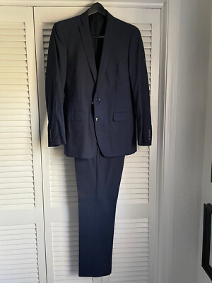 MENS MACYS BAR III BLUE 2pc WOOL SUIT SLIM FIT 40R JACKET 32X30 FLAT FRONT PANTS