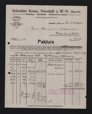 NEUSTADT W.N., Rechnung 1910, Sebastian Kraus Holzhandlung Schneidemühle Kisten-