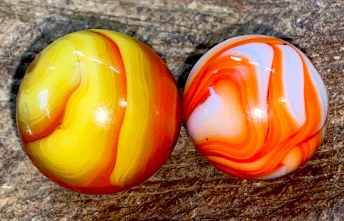 😎2-Vintage Christensen Agate Co.Swirl Marbles-.63 & .72 VG+ & Mint “CAC” Flames
