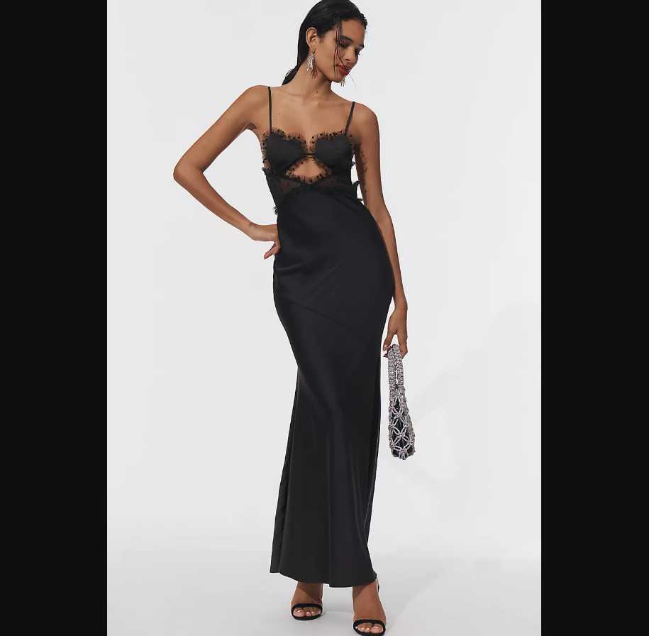 New L Anthropologie x For Love & Lemons heart maxi black slip dress | eBay