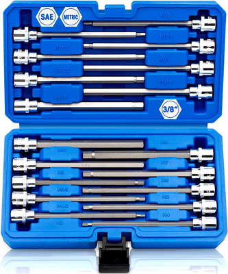 18-Piece 3/8 Inch Drive Extra Long Allen Hex Bit Socket Set, SAE & Metric (1/8-3