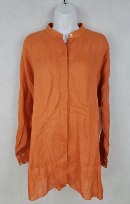 Womens SHI 100% Linen Burnt Orange Oversize Button Lagenlook Sheer O/S Top