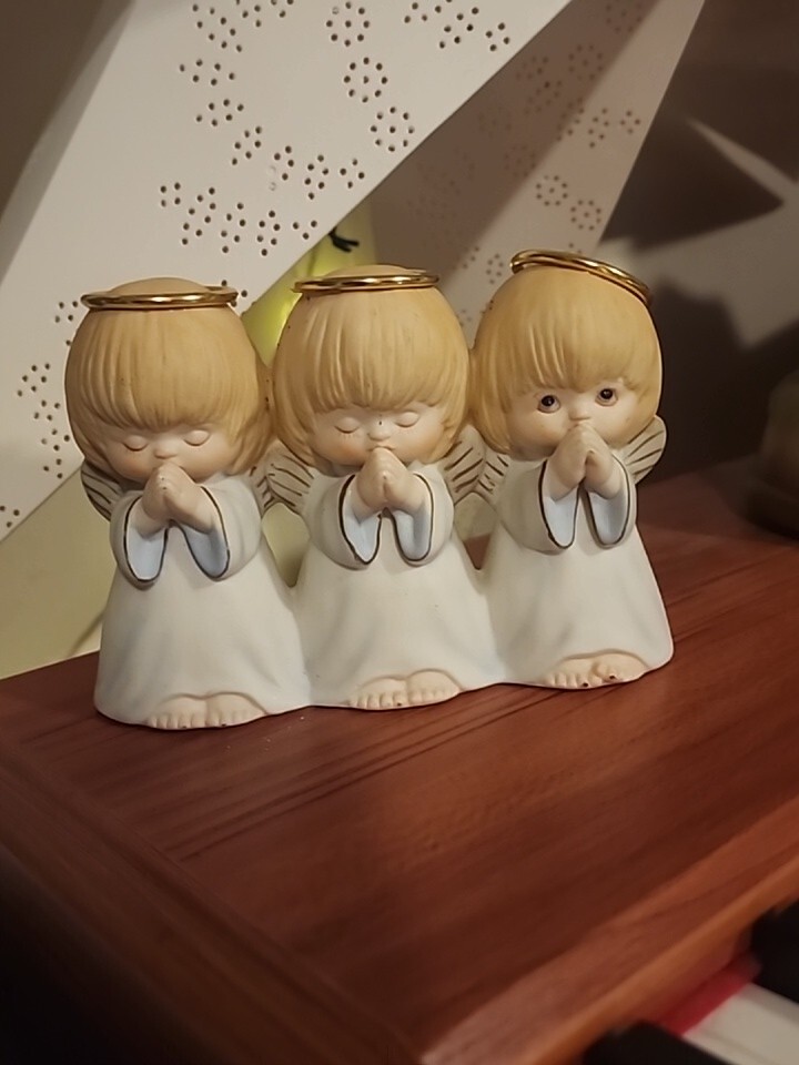 Vintage Thai Ceramic Three Mischievous Angels Peeking Figurines with Crooked Halos