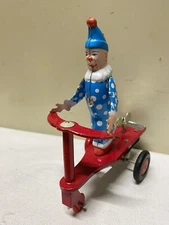 Vtg Pressed Tin Litho ROLI ZOLI Wind Up Mechanical Clown On Scooter Toy