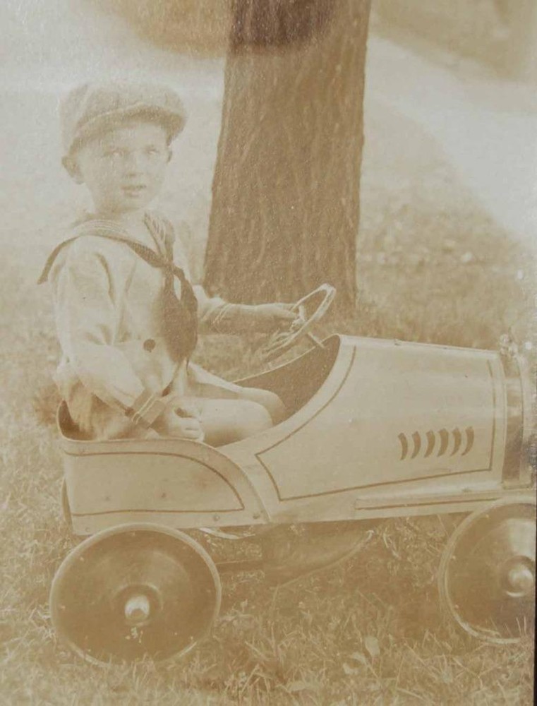 LITTLE BOY IN MINIATURE TOY RACE CAR - CAP & OUTFIT CUTE CABINET PHOTO CP112