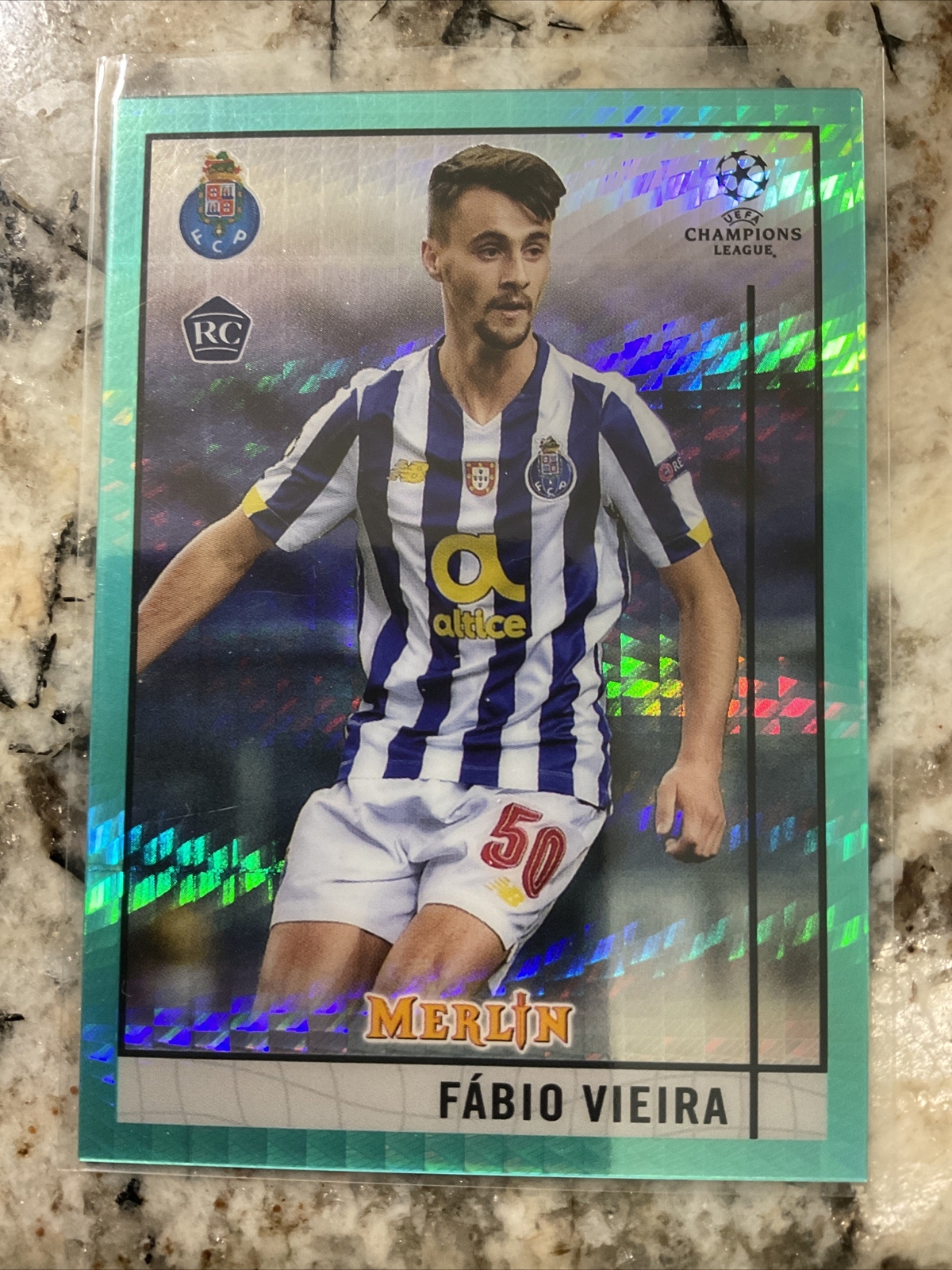 Fabio Vieira 2020-21 Topps Merlin Chrome UEFA Aqua Prism Refractor RC Arsenal