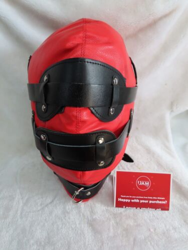 Bondage hood faux LEATHER Red & Black, Lockable 3 padlocks, BDSM, Gimp, SM Slave - Picture 3 of 8
