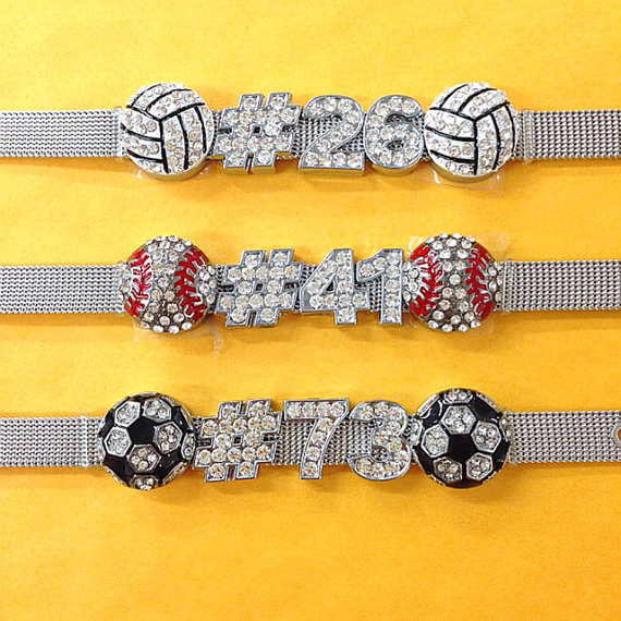 Custom Rhinestone Sports Charm Bracelet / Choice of Numbers or Make