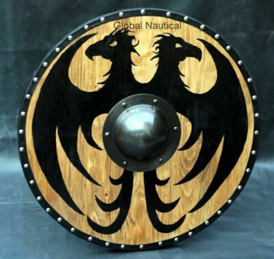 Wooden Shield 24'' Solid Wood & Leather Viking Shield Battle Ready Dragon Shield