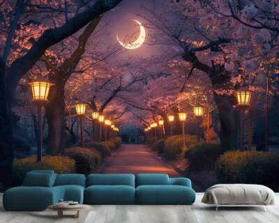 Kirschblüten Bäume bei Nacht Tapete Wandbild abnehmbar abwaschbar abziehen & kleben