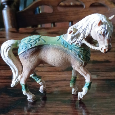 Horse PVC Figurine w/ Green Blanket, White Mane & Leg Wraps