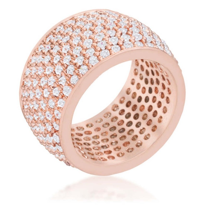 Wide 7 Row Cigar Band Cubic Zirconia Rose Gold Plated Cocktail Ring Size 9