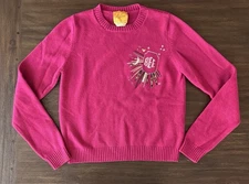 Le Lion Sweater Women’s XS Merino Wool Pink Crew Sequined Embroided BEE Spellout