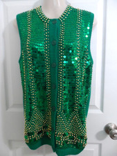 VINTAGE CIRCA 1990'S WESTERN CONNECTION GREEN BEADS SEQUINS KNIT SWEATER VEST M