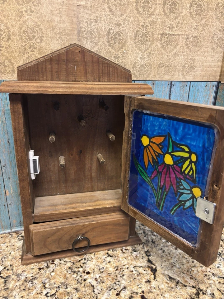 Llavero colgante de pared de madera vintage vidrio pintado diseño floral hecho a mano Foto 3 de 4