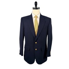 Stafford Navy Blue Hopsack Blazer Worsted Wool Blend Gold Crest Buttons 40R USA