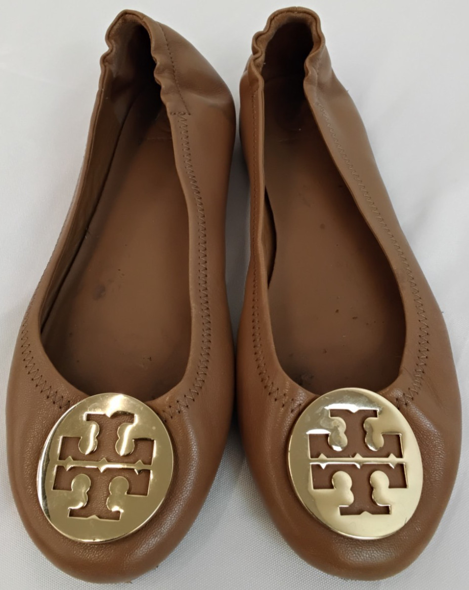Tory Burch Reva Ballet Flats Women's 7 Brown Leather w/ Gold Elastic Back #Z5060 thumbnail 2