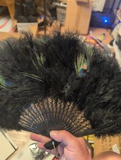 Vintage Black Feather Hand Fan with Peacock Feather Accents