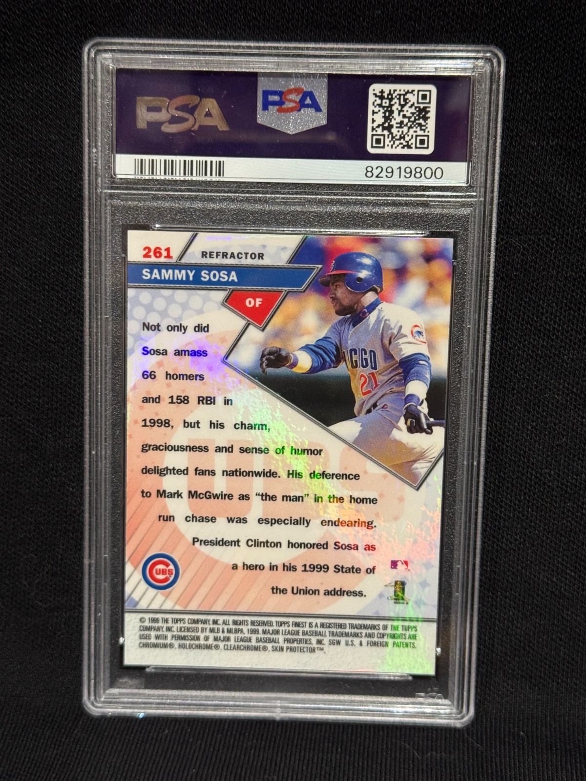 SAMMY SOSA CUBS 1999 TOPPS FINEST #261 STERLING REFRACTOR GRADED MINT PSA 9 view 2