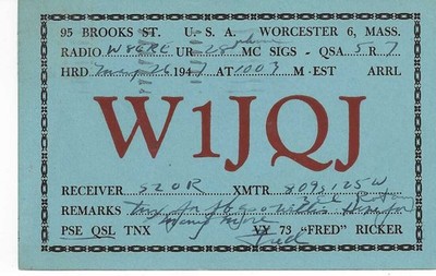 QSL 1947  Worcester MA    radio card