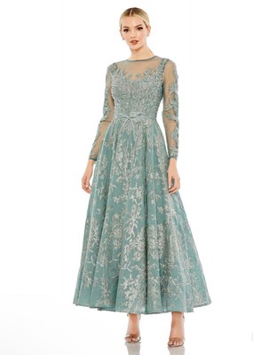 MAC DUGGAL Green Embellished Bow Belt Illusion Long Sleeve A-Line Dress  Size 4 | eBay