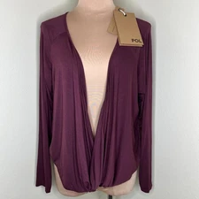 POL Top Medium Womens Maroon Plunge Faux Wrap Drape Jersey Knit Minimalist Chic