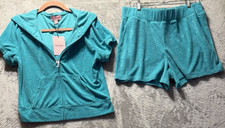 Juicy Couture Women's Terry Cloth Track Set Size L Teal Hoodie Shorts Bling Y2K