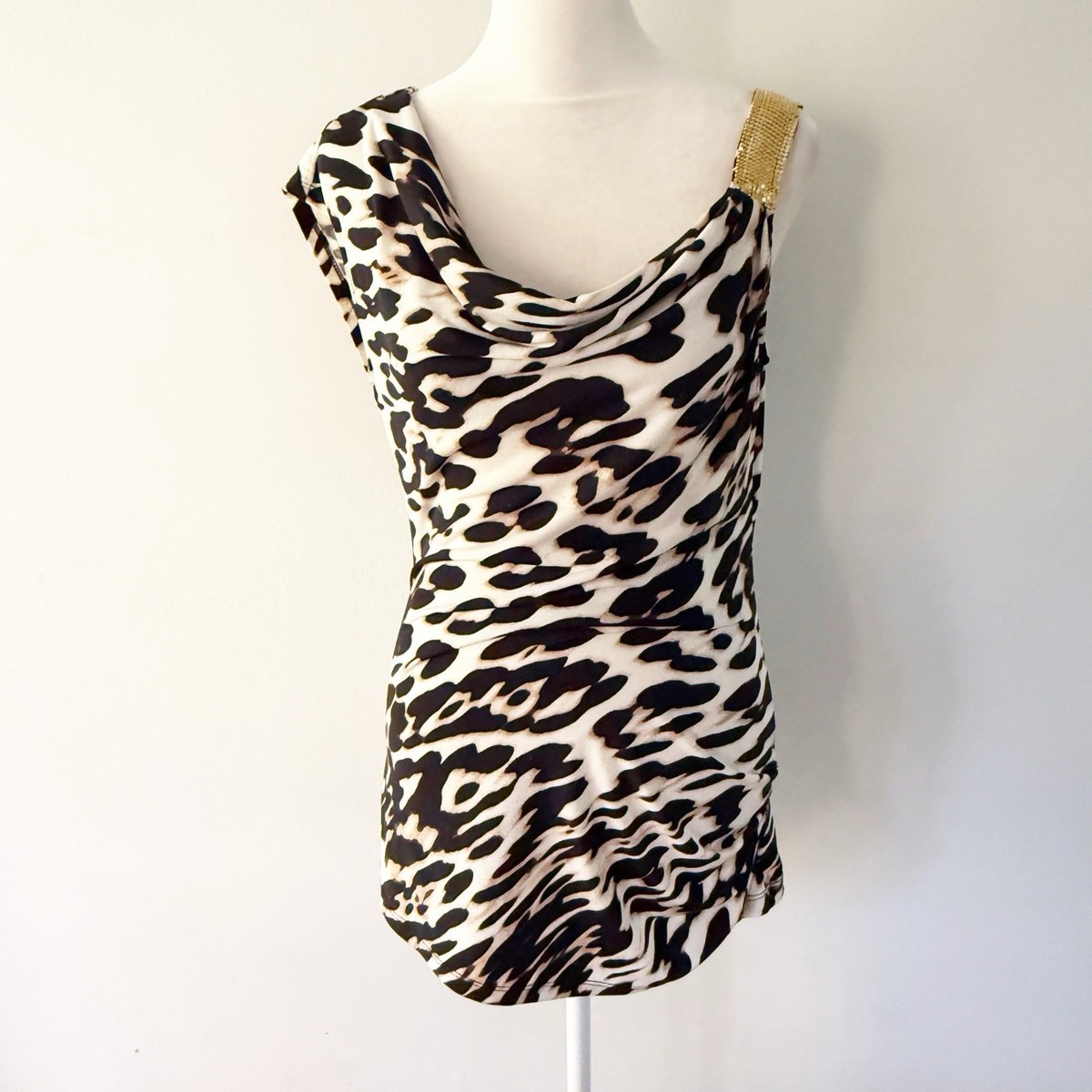 Vintage Women Y2K Leopard Sequin Sleeveless Cowl Top XS Glam  display picture 3