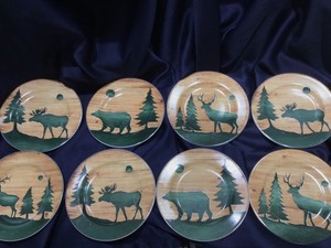 8 SAKURA DAVID CARTER BROWN LOG CABIN salad plates 🦌🐃🦌 EXCELLENT! 🐃🦌🐃