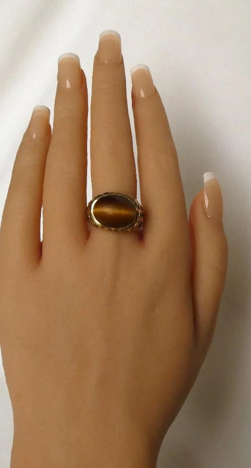 Anillo ovalado vintage de oro de 10k para hombre ojo de tigre esmalte buena suerte 10 gr talla 8,5 Foto 3 de 4