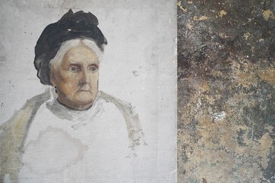 Antikes viktorianisches unvollendetes Öl auf Leinwand Porträt einer älteren Dame um 1880