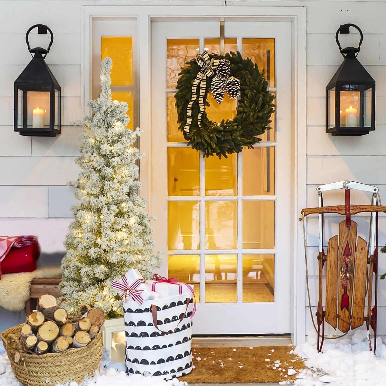 4.5ft Flocked Potted Spruce Artificial Christmas Tree w/207 Branch Tips&105 LED
