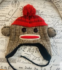 KNIT SOCK MONKEY CAP FLEECE LINED WINTER HAT SZ 14 -Adult