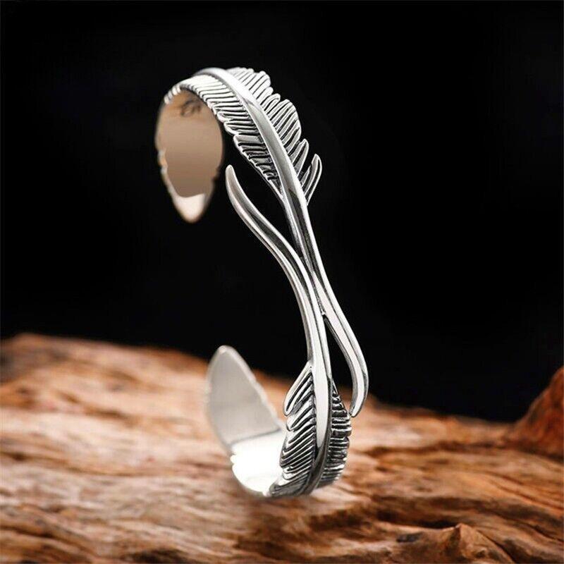 Retro 925 Sterling Silver Feather Cuff Bangle Vintage Bracelet