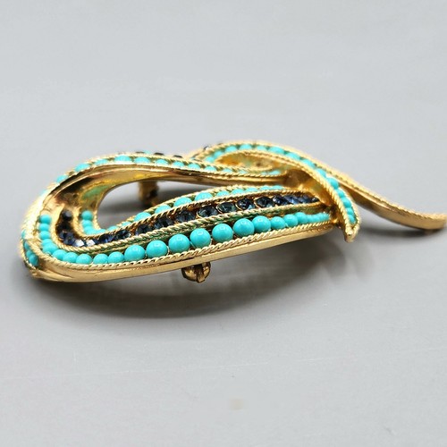 Crown Trifari Philippe Faux Turquoise Sapphire Crystal Gold Tone Swirl Brooch - Picture 7 of 12