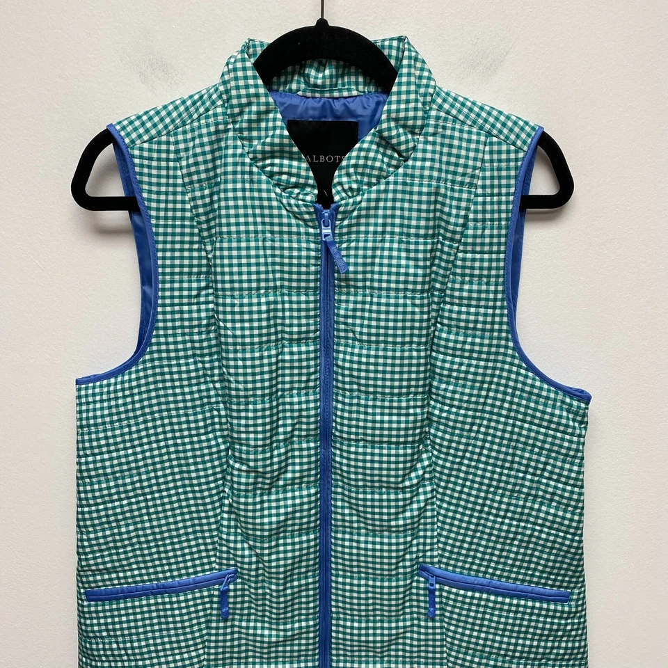 Chaleco acolchado Talbots para mujer blanco verde guinga ligero sin mangas cremallera completa L Foto 2 de 4