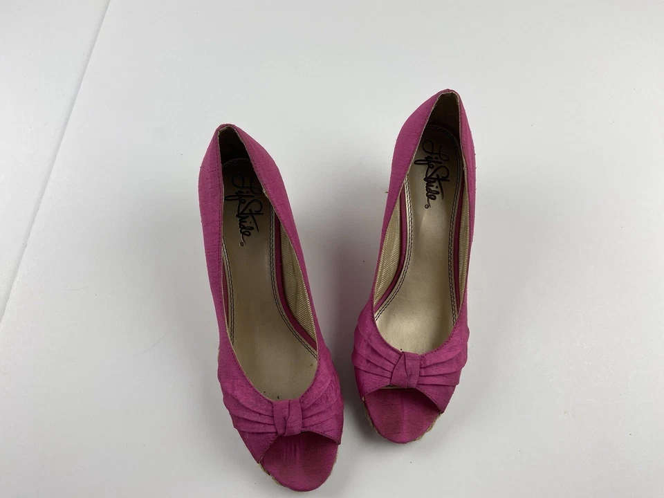 Zapatos de cuña Life Stride rosa punta abierta tacón alto tejido cuña lazo Foto 4 de 4