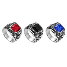 Vintge Stainless Steel Men's Square Stone Wedding Ring Wide Silver Band #7-13