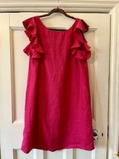 Hobbs 100% Flax Linen Hot Pink Or Cerise Dress With Sleeve Ruffles Size 12