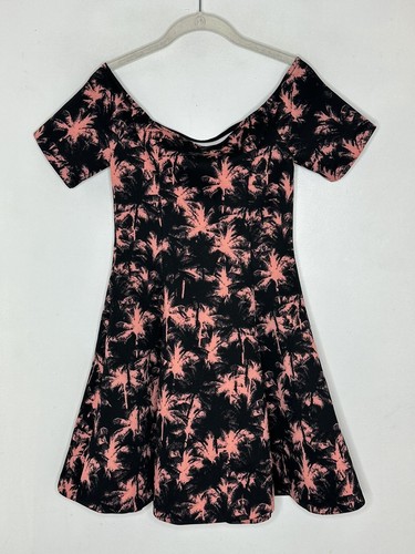 Guess Women's Black & Pink Off Shoulder Palm Tree Print Fit Flare Mini Dress S - 第 7/7 張圖片