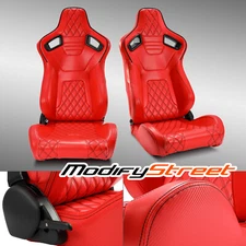 2xRECLINABLE ALL RED PVC LEATHER REAR CARBON FIBER LEFT/RIGHT SPORT RACING SEATS