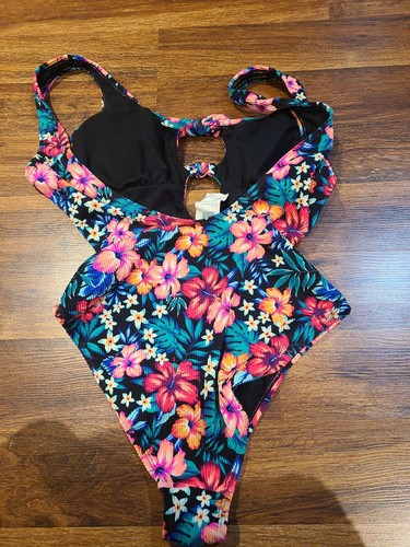 Island Soul Swimsuit Black Floral Print Keyhole Cleavage One-Piece Womens Large - Picture 3 of 4