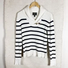 LAUREN RALPH LAUREN women's black and white striped shawl neck cotton sweater L