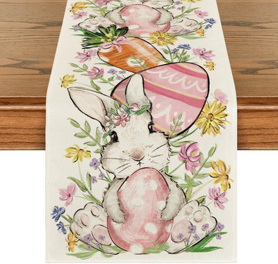 Bunny Rabbit Egg Flower Easter Table Runner, Seasonal Spring Kitchen Dining Tabl