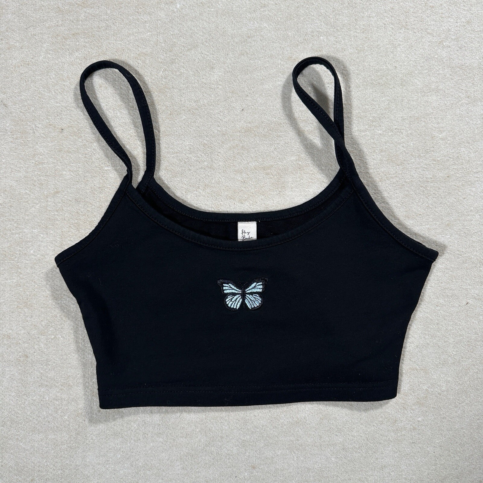 Hey Babe Y2K Black Spaghetti Strap Crop Tank Top With Blue Butterfly Patch